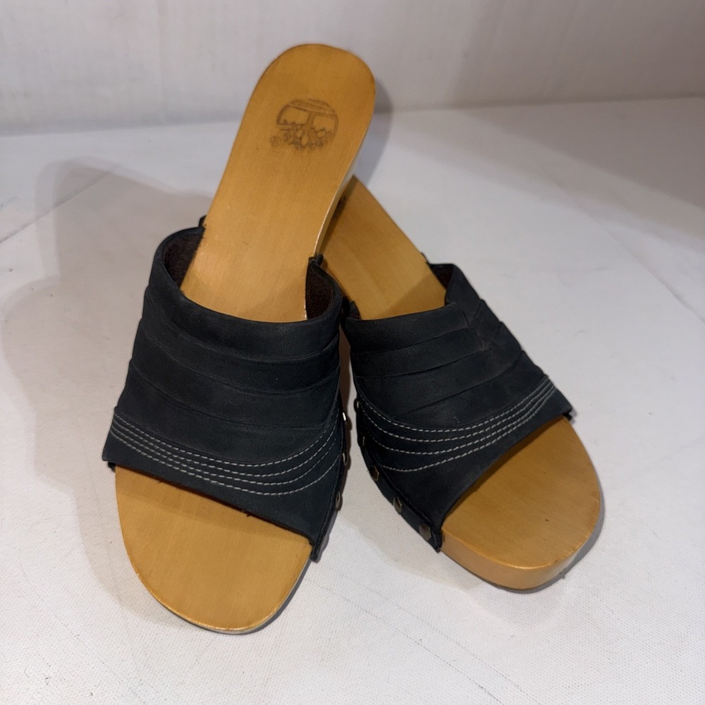 Vintage Y2K 90s Timberland Black Leather Studded Wooden Clogs Sandals Size 8